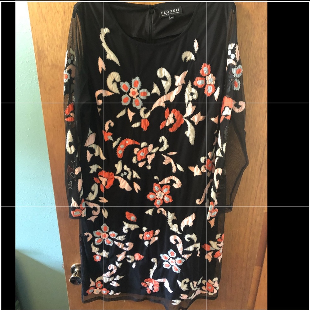 PLUS Eloquii Black Mesh Mini Dress with Coral and Cream Floral Embroidery